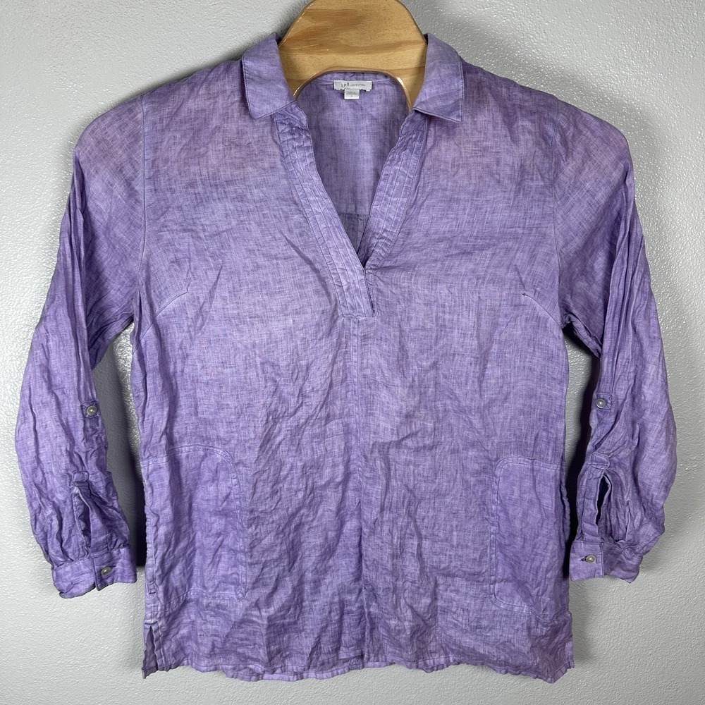J Jill Love Linen Popover Tunic Womens Large Purple Roll Tab Sleeve Split Vneck